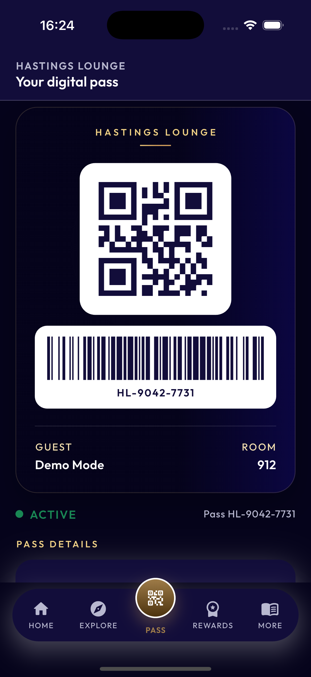 Hastings Lounge digital pass screen on iPhone