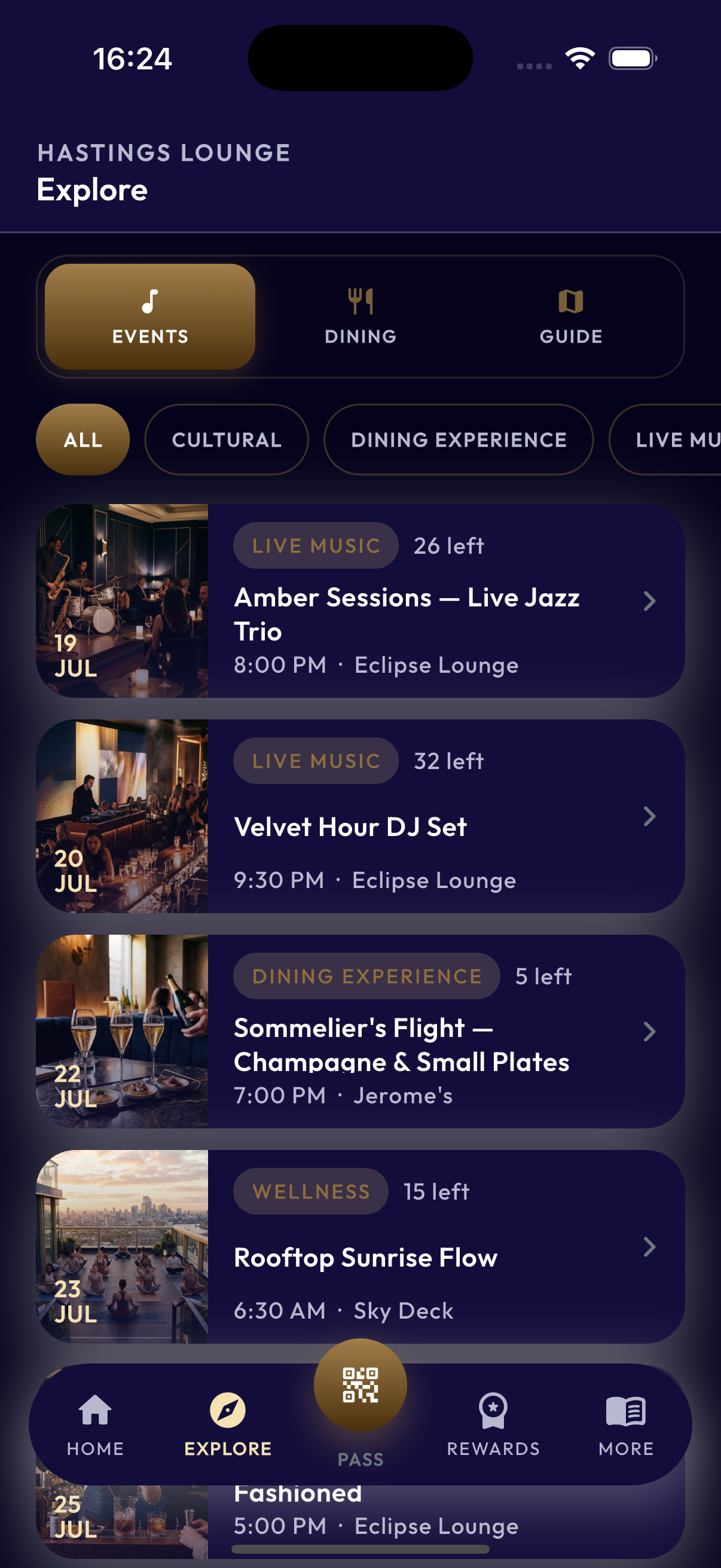 Explore screen listing live events and dining