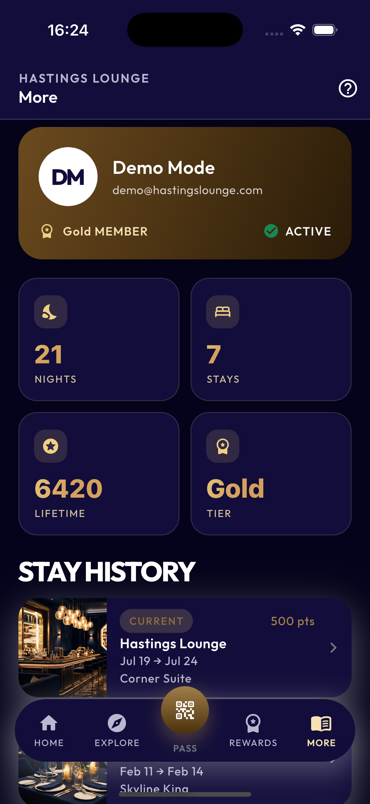 Member profile and stay history