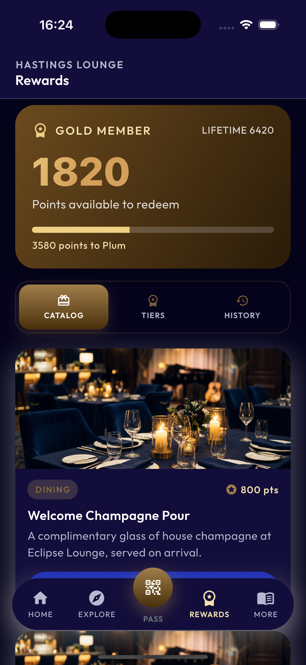 Rewards screen with gold member points balance